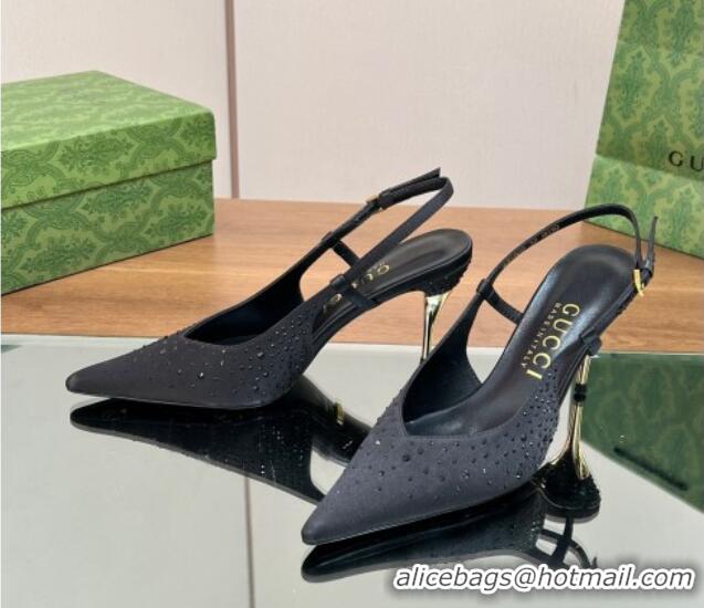 Best Price Gucci Satin Slingback Pumps 8.5cm with Crystals Black 0127069