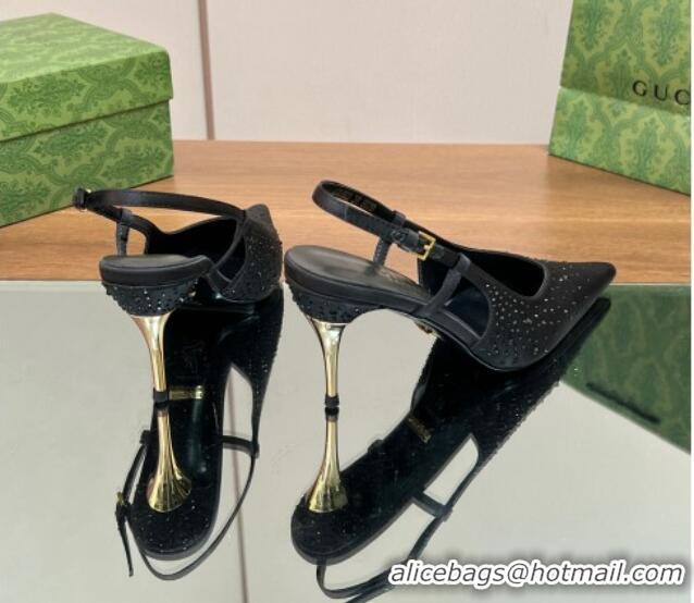 Best Price Gucci Satin Slingback Pumps 8.5cm with Crystals Black 0127069