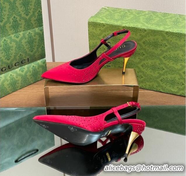 Popular Style Gucci Satin Slingback Pumps 8.5cm with Crystals Red 127071