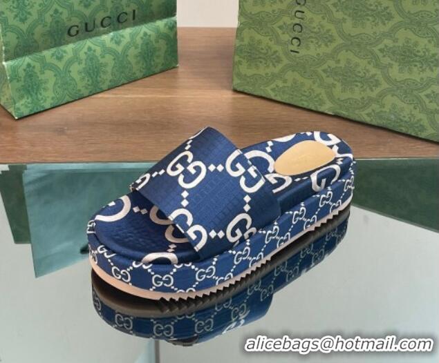 Durable Gucci Platform Slide Sandals 5cm in GG Ripstop Fabric Blue 0127073