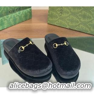 Shop Duplicate Gucci GG Velvet Mules with Horsebit Black 127077