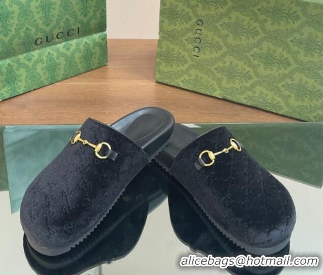 Shop Duplicate Gucci GG Velvet Mules with Horsebit Black 127077