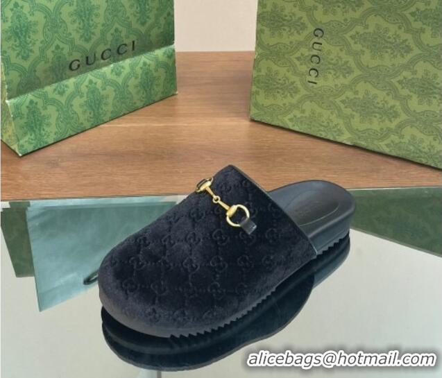 Shop Duplicate Gucci GG Velvet Mules with Horsebit Black 127077