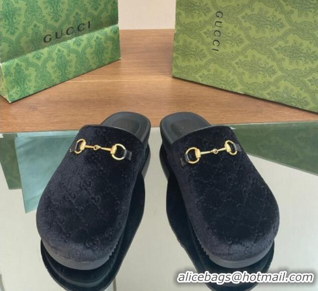 Shop Duplicate Gucci GG Velvet Mules with Horsebit Black 127077