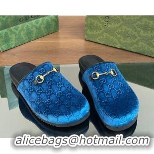 Good Product Gucci GG Velvet Mules with Horsebit Blue 127078