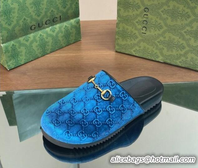 Good Product Gucci GG Velvet Mules with Horsebit Blue 127078