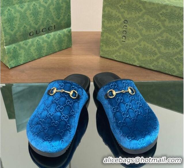 Good Product Gucci GG Velvet Mules with Horsebit Blue 127078