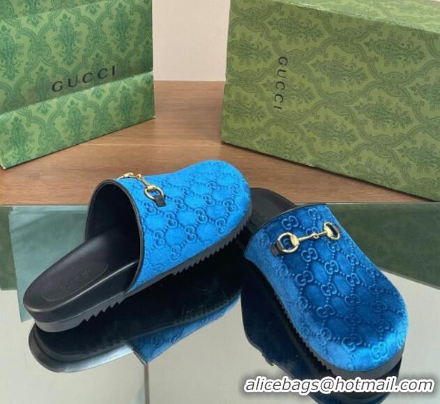 Good Product Gucci GG Velvet Mules with Horsebit Blue 127078