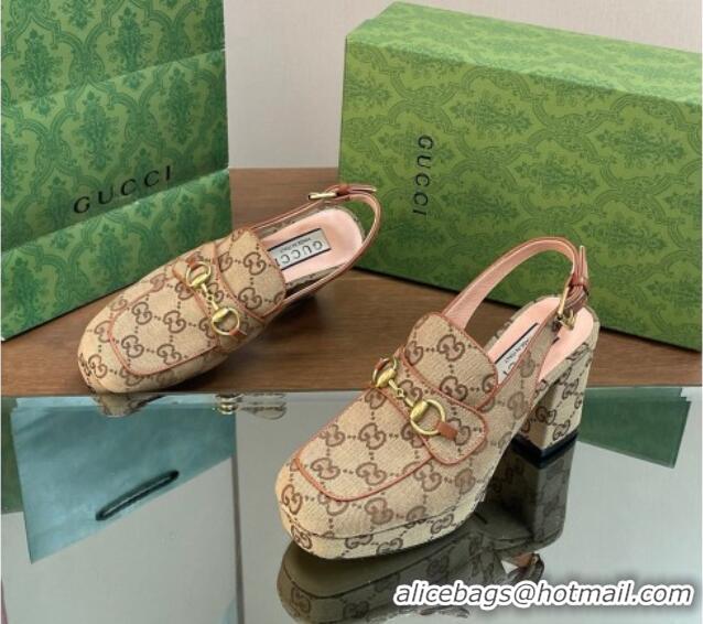 Purchase Gucci GG Canvas Horsebit Slingback Pumps 8.5cm Beige 0127081