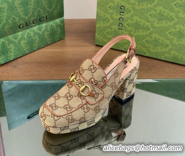 Purchase Gucci GG Canvas Horsebit Slingback Pumps 8.5cm Beige 0127081