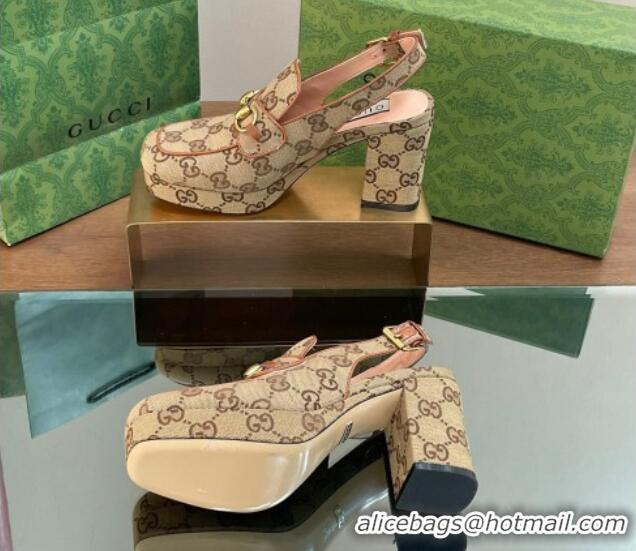 Purchase Gucci GG Canvas Horsebit Slingback Pumps 8.5cm Beige 0127081