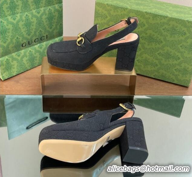 Low Price Gucci GG Canvas Horsebit Slingback Pumps 8.5cm 771566 Black 0127082