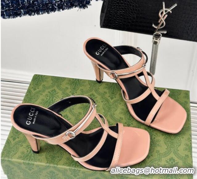 Stylish Gucci Slim Horsebit Leather Heel Slide Sandals 9.5cm Peachy Pink 228012