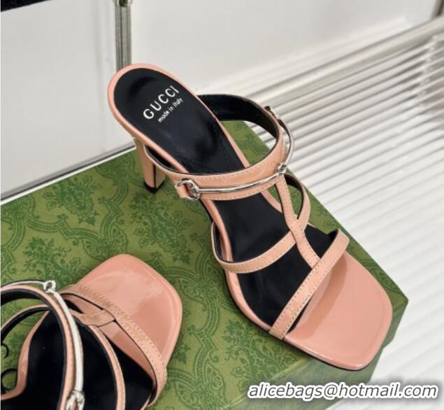 Stylish Gucci Slim Horsebit Leather Heel Slide Sandals 9.5cm Peachy Pink 228012