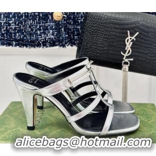 Best Grade Gucci Slim Horsebit Leather Heel Slide Sandals 9.5cm Silver 228016