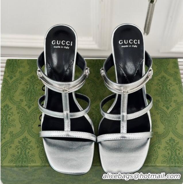 Best Grade Gucci Slim Horsebit Leather Heel Slide Sandals 9.5cm Silver 228016