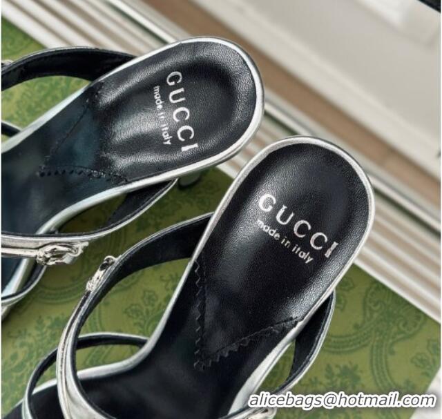 Best Grade Gucci Slim Horsebit Leather Heel Slide Sandals 9.5cm Silver 228016