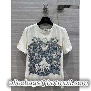 Top Design Dior Cotton Butterfly T-shirt D12211 White/Blue 2024