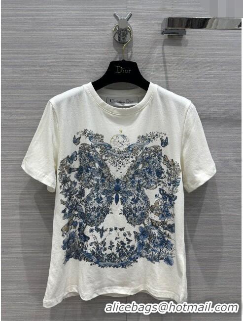 Top Design Dior Cotton Butterfly T-shirt D12211 White/Blue 2024