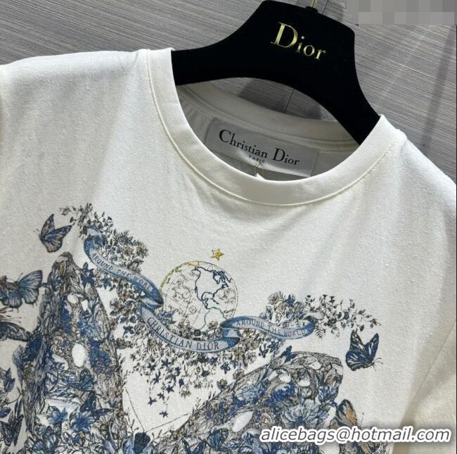 Top Design Dior Cotton Butterfly T-shirt D12211 White/Blue 2024