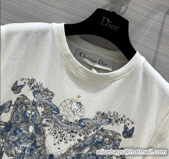 Top Design Dior Cotton Butterfly T-shirt D12211 White/Blue 2024