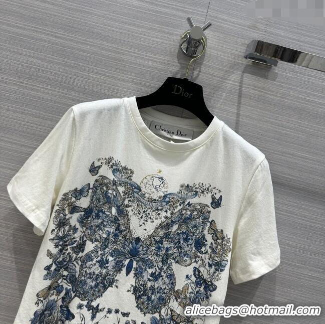 Top Design Dior Cotton Butterfly T-shirt D12211 White/Blue 2024