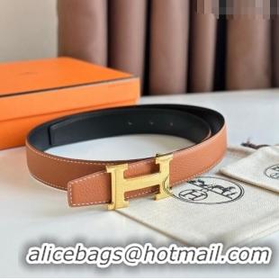 Super Quality Hermes Boucle De Ceinture H & Cuir Reversible Belt 3.2cm in Togo Leather H5382 Brown/Gold 2023