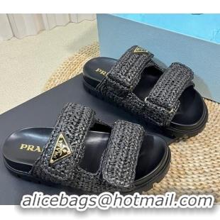 Best Price Prada Crochet Raffia Straw Flat Slide Sandals Black 129044