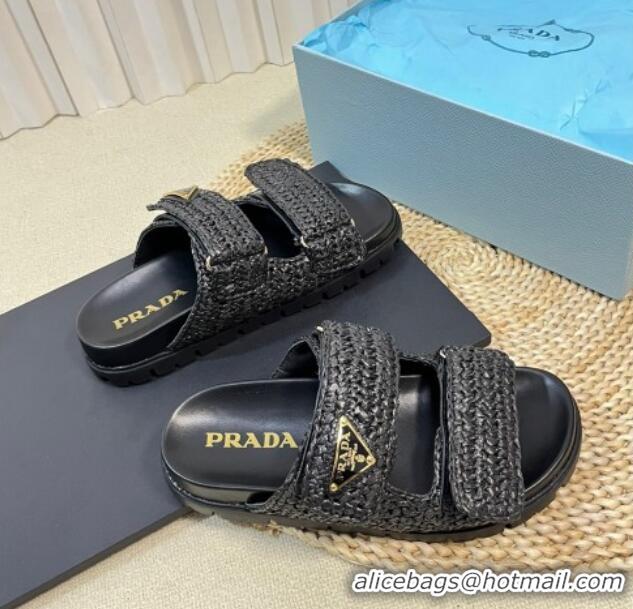 Best Price Prada Crochet Raffia Straw Flat Slide Sandals Black 129044