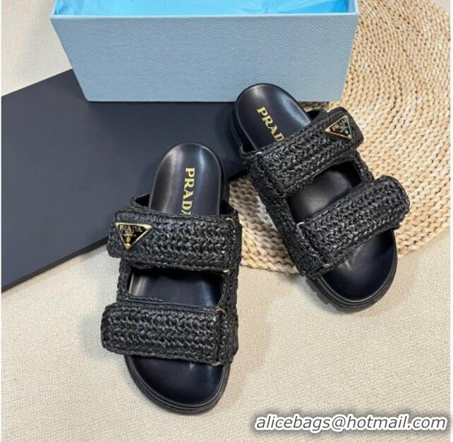 Best Price Prada Crochet Raffia Straw Flat Slide Sandals Black 129044