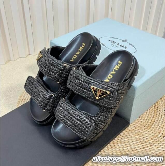 Best Price Prada Crochet Raffia Straw Flat Slide Sandals Black 129044