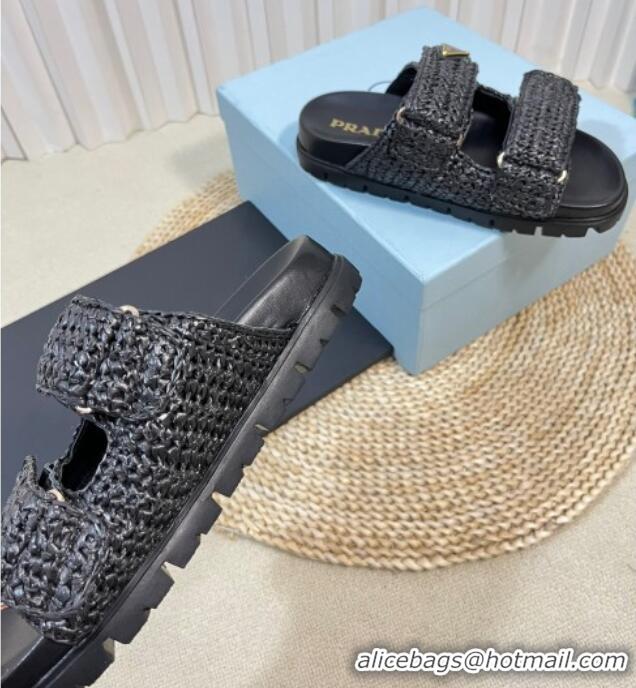 Best Price Prada Crochet Raffia Straw Flat Slide Sandals Black 129044