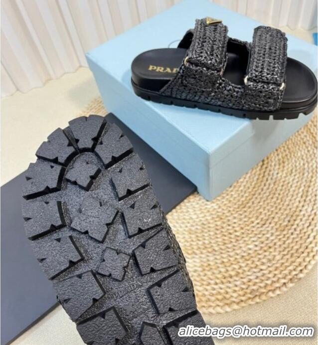 Best Price Prada Crochet Raffia Straw Flat Slide Sandals Black 129044