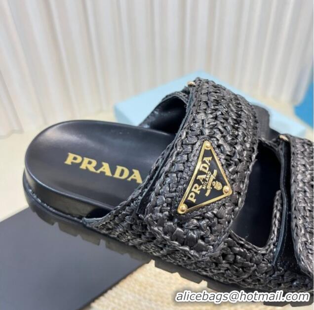 Best Price Prada Crochet Raffia Straw Flat Slide Sandals Black 129044