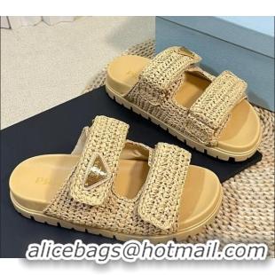 Generous Prada Crochet Raffia Straw Flat Slide Sandals Beige 129045