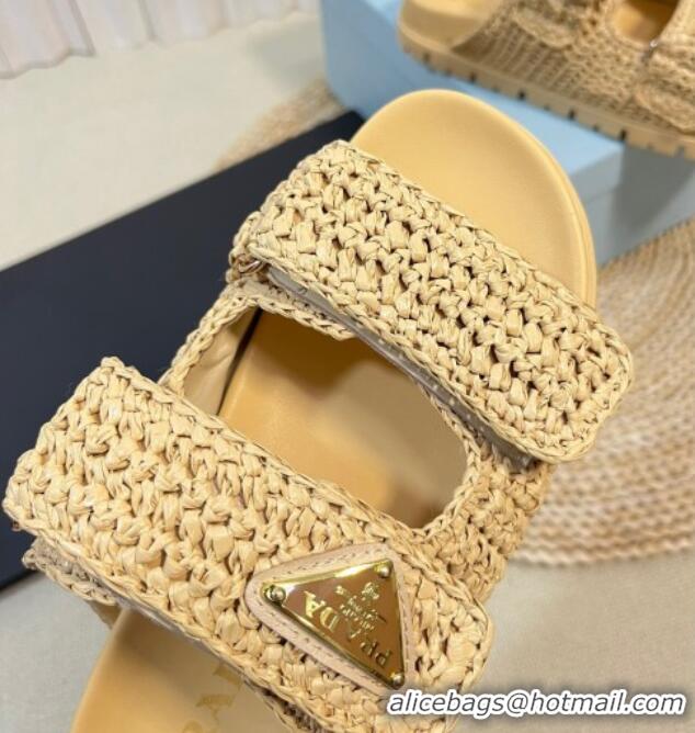 Generous Prada Crochet Raffia Straw Flat Slide Sandals Beige 129045