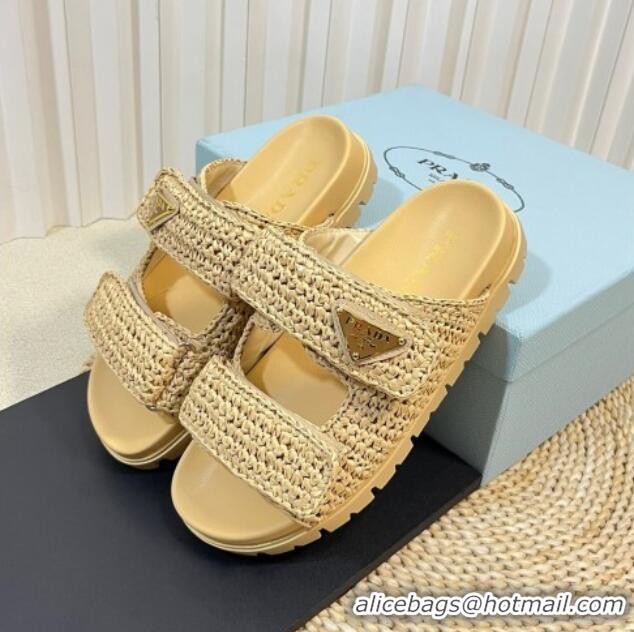 Generous Prada Crochet Raffia Straw Flat Slide Sandals Beige 129045