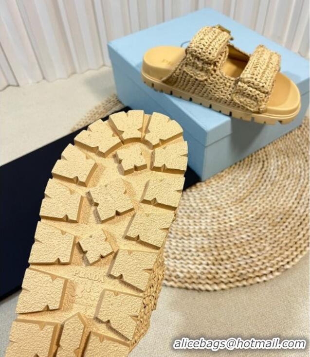 Generous Prada Crochet Raffia Straw Flat Slide Sandals Beige 129045