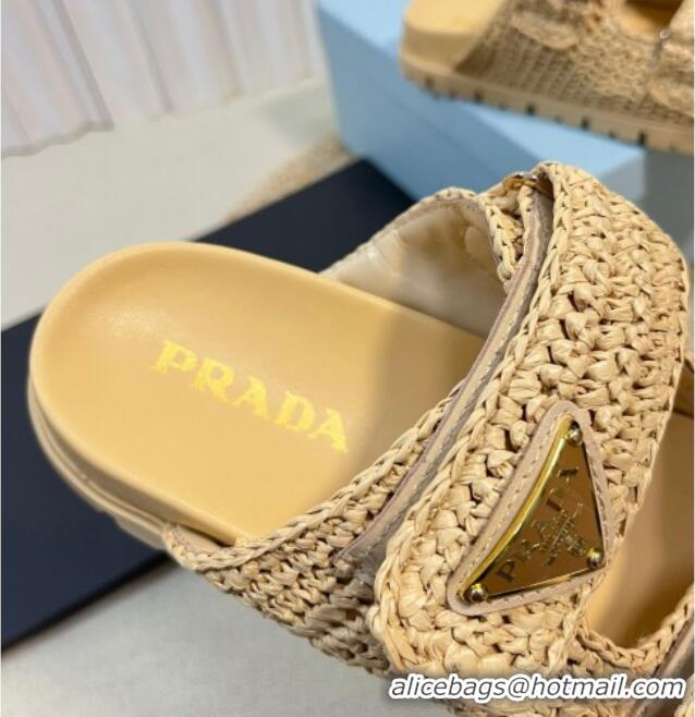 Generous Prada Crochet Raffia Straw Flat Slide Sandals Beige 129045