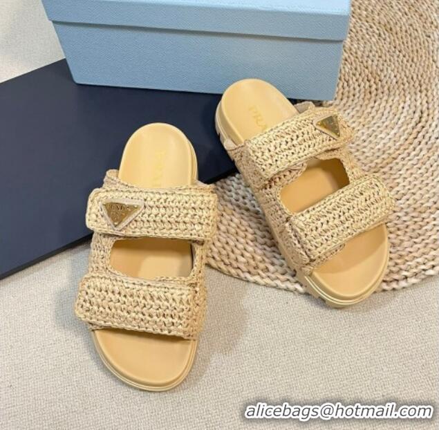 Generous Prada Crochet Raffia Straw Flat Slide Sandals Beige 129045