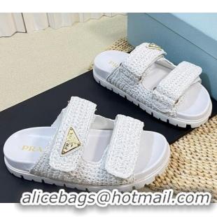 Top Design Prada Crochet Raffia Straw Flat Slide Sandals White 129046