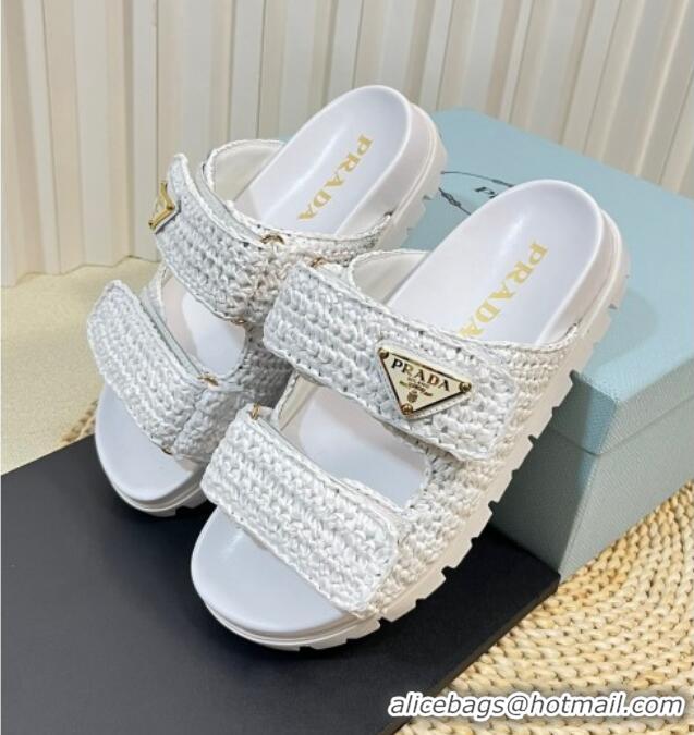 Top Design Prada Crochet Raffia Straw Flat Slide Sandals White 129046