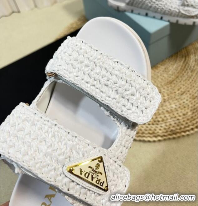 Top Design Prada Crochet Raffia Straw Flat Slide Sandals White 129046