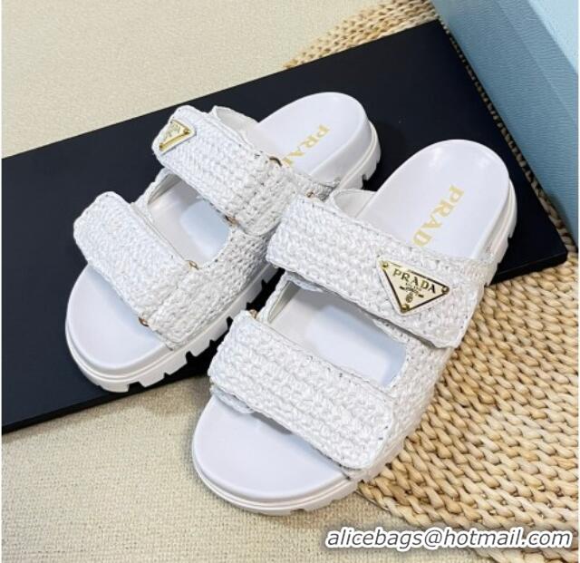 Top Design Prada Crochet Raffia Straw Flat Slide Sandals White 129046