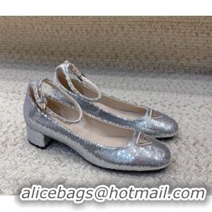 Top Grade Prada Sequined satin pumps 3.5cm Silver 228049