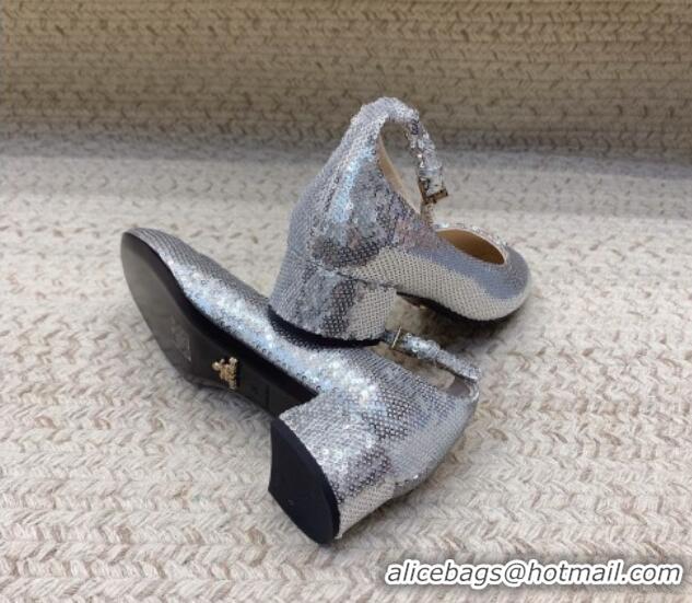 Top Grade Prada Sequined satin pumps 3.5cm Silver 228049