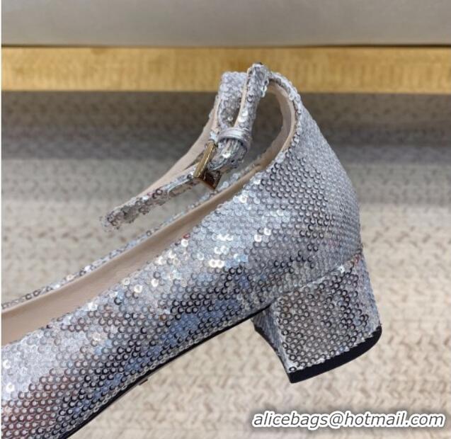 Top Grade Prada Sequined satin pumps 3.5cm Silver 228049