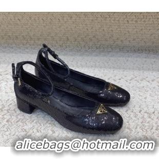 Classic Hot Prada Sequined satin pumps 3.5cm Black 228052