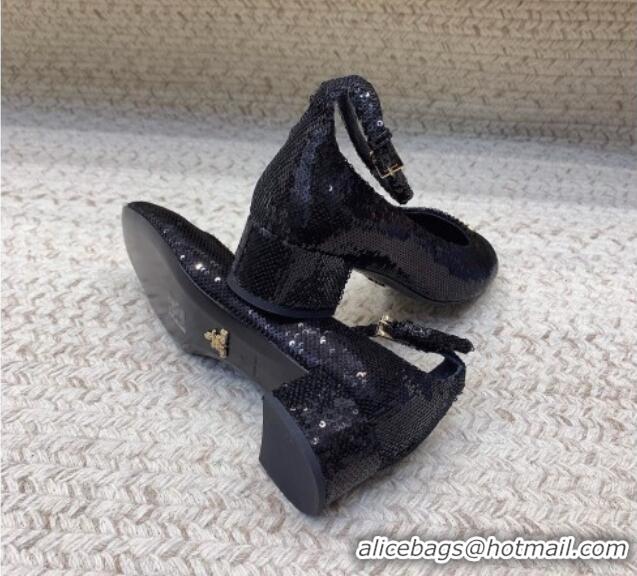 Classic Hot Prada Sequined satin pumps 3.5cm Black 228052