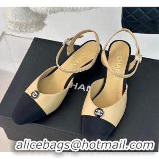 Best Grade Chanel Calfskin Slingback Pumps with Crystals CC Button Beige 0126038